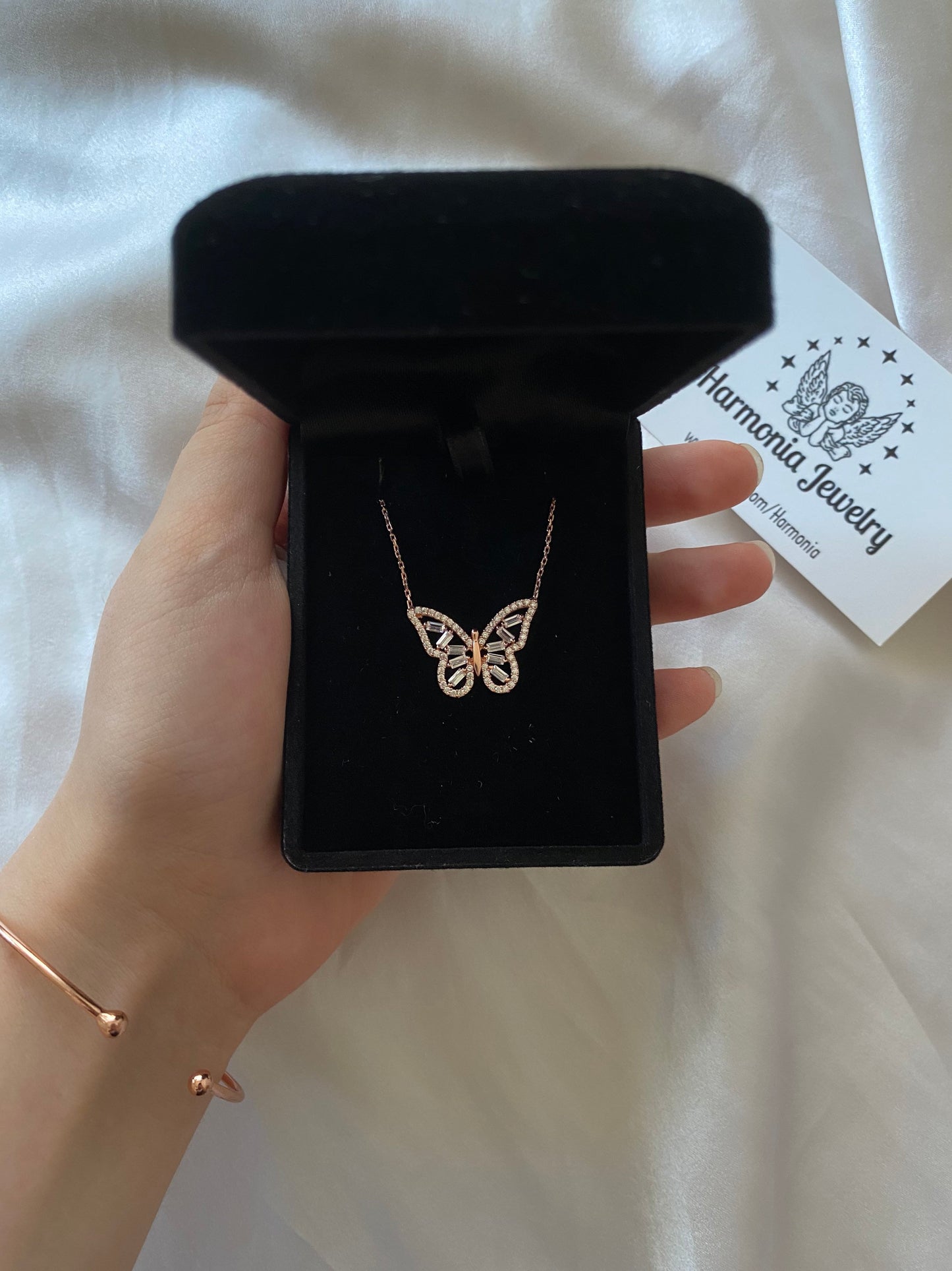 925 Sterling Silver Rose Gold Zircon Butterfly Necklace, Dainty Baguette Butterfly Necklace, Butterfly Pendant, Butterfly Necklace Silver