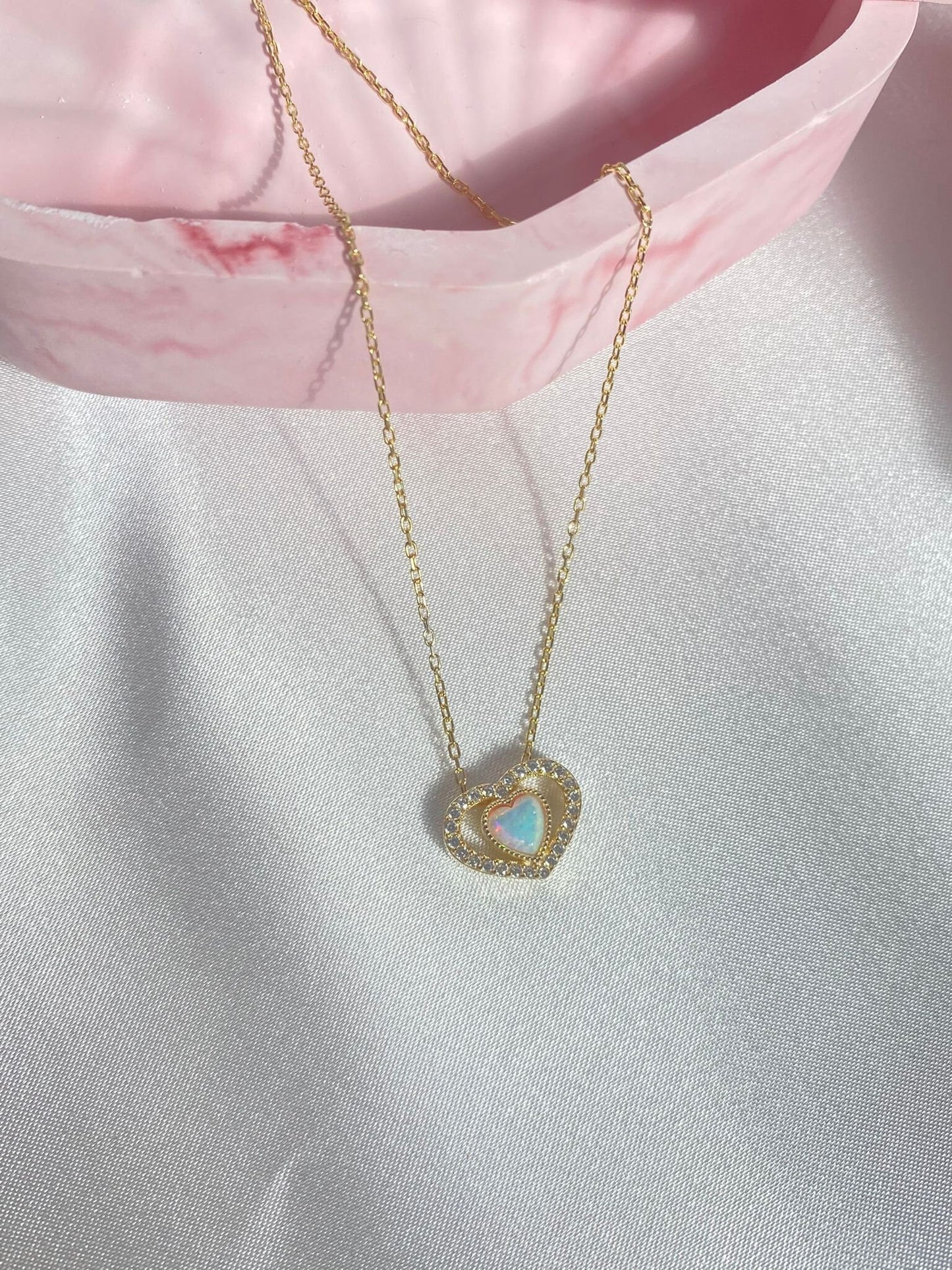 925 Rainbow Opal Stone Heart Necklace, Zircon Filled Heart, October Necklace, Trendy Bridal Jewelry, OPAL Heart Charm Necklace