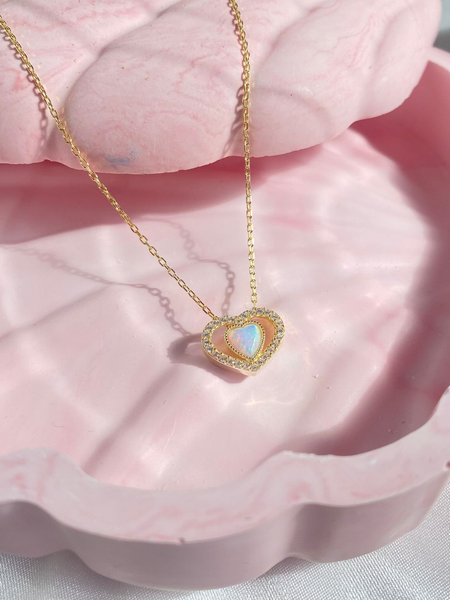 925 Rainbow Opal Stone Heart Necklace, Zircon Filled Heart, October Necklace, Trendy Bridal Jewelry, OPAL Heart Charm Necklace