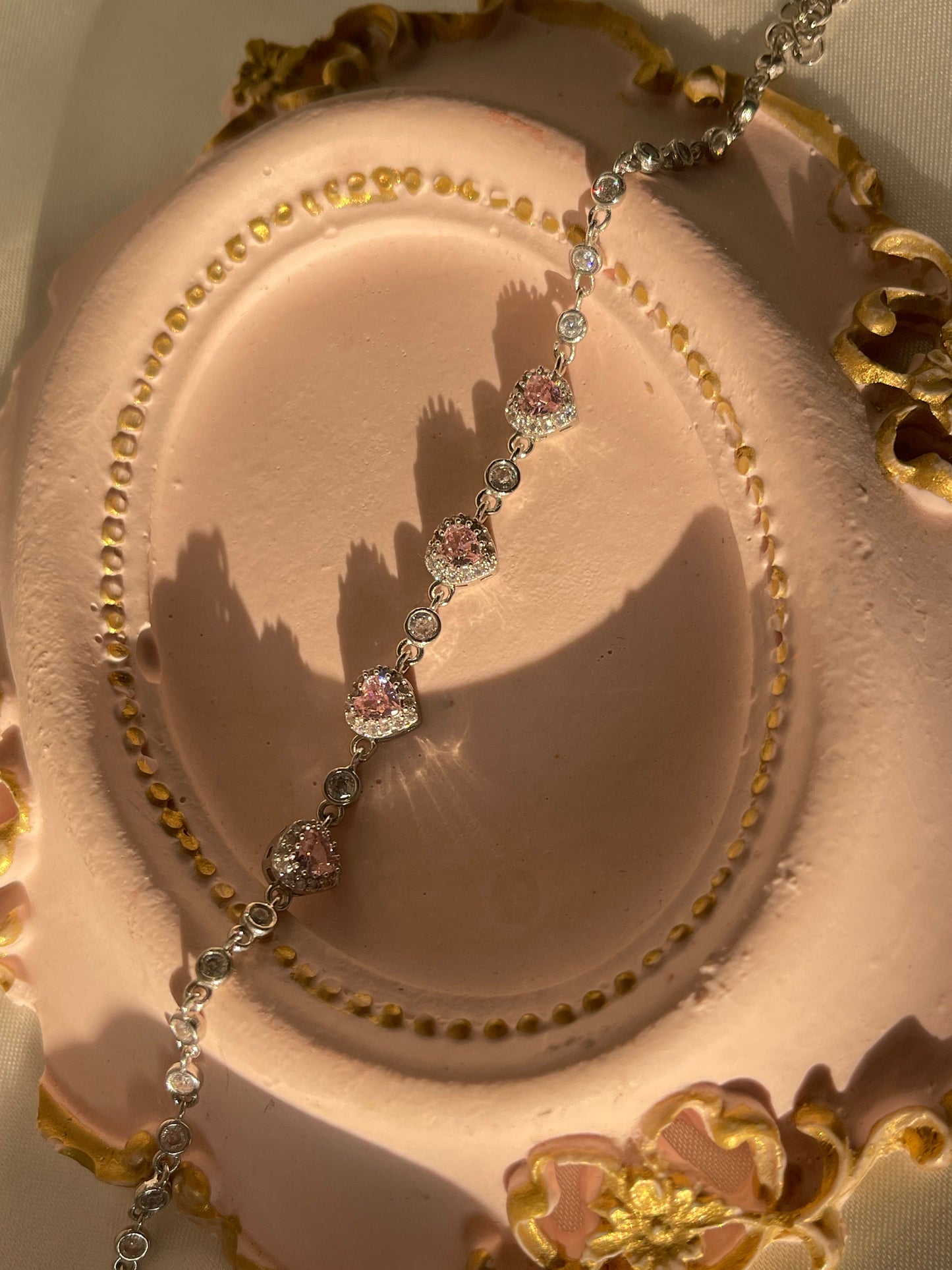 925 Sterling Silver Pink Heart Love Bracelet, Multi Shine Pretty Heart Valentines Day Gift Idea Bracelet, Full Stoned Pink Heart