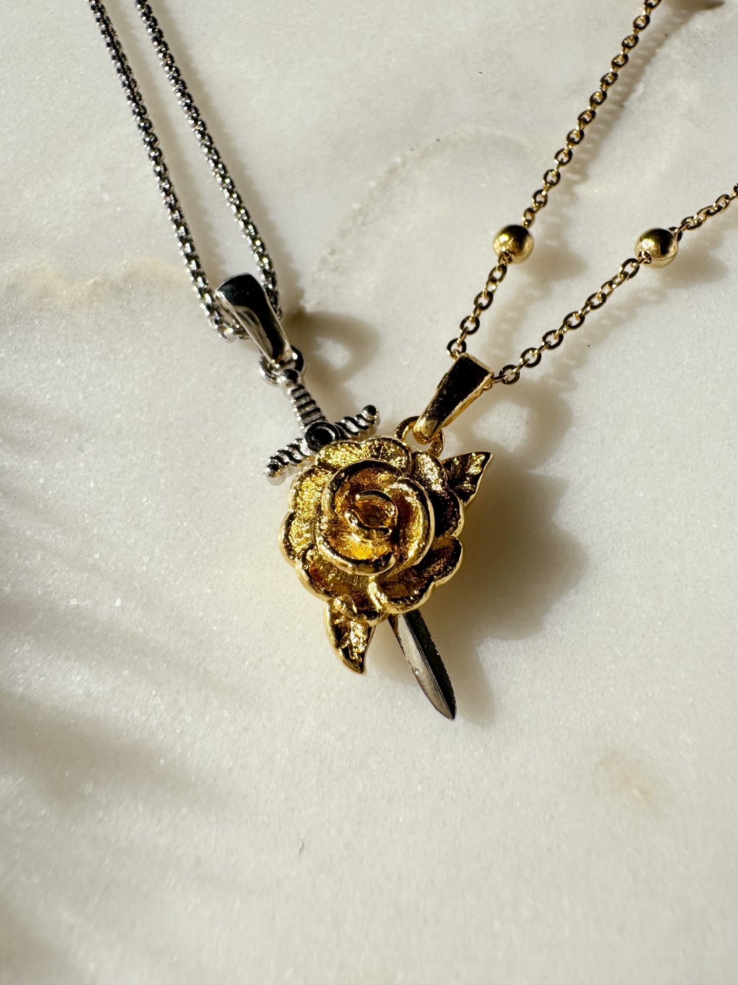 Stainless Steel Chain Rose & Sword Couple Necklace