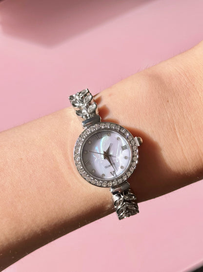 Silver Plated Rhinestone Leaf Wristwatch