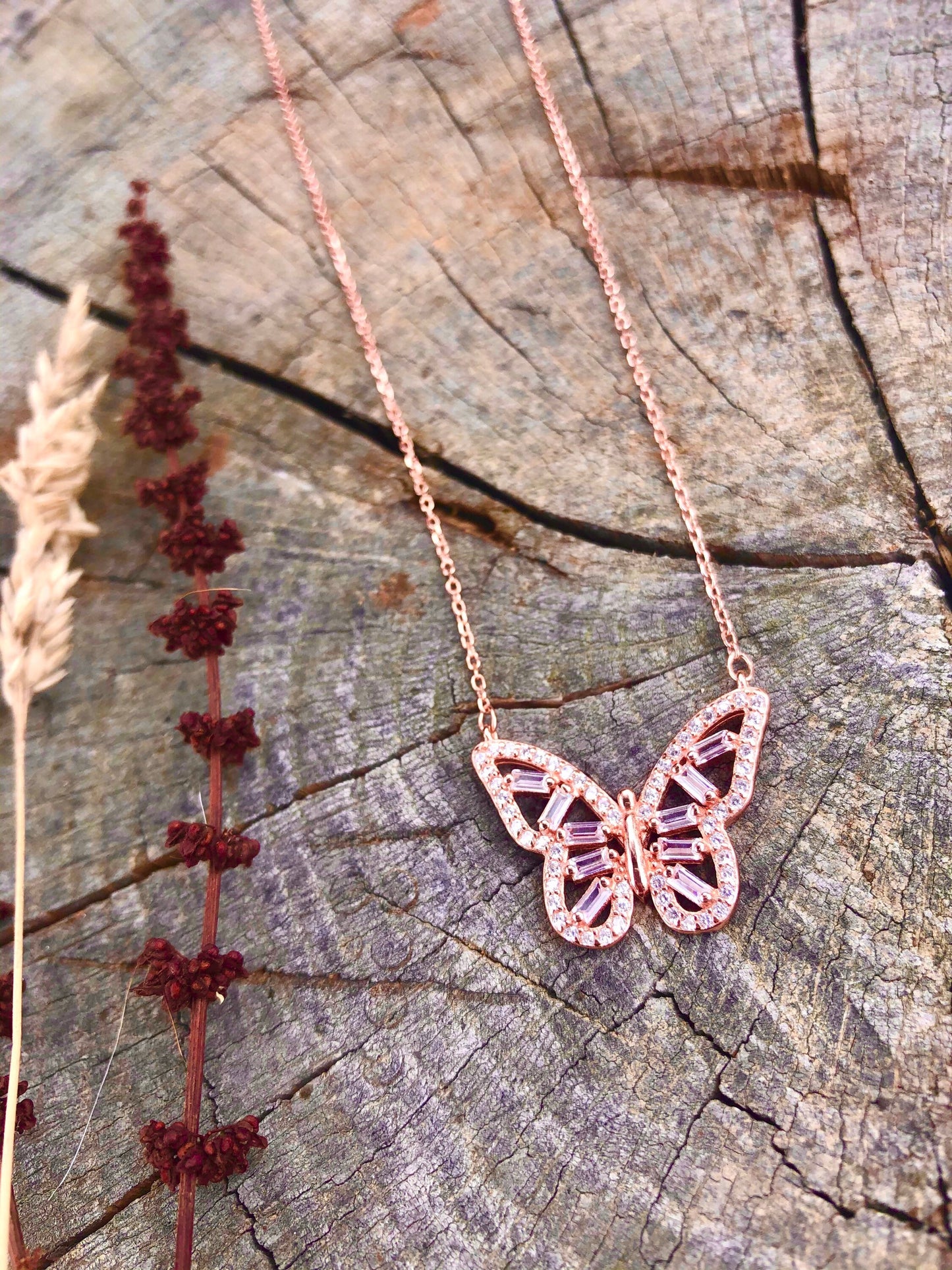 925 Sterling Silver Rose Gold Zircon Butterfly Necklace, Dainty Baguette Butterfly Necklace, Butterfly Pendant, Butterfly Necklace Silver