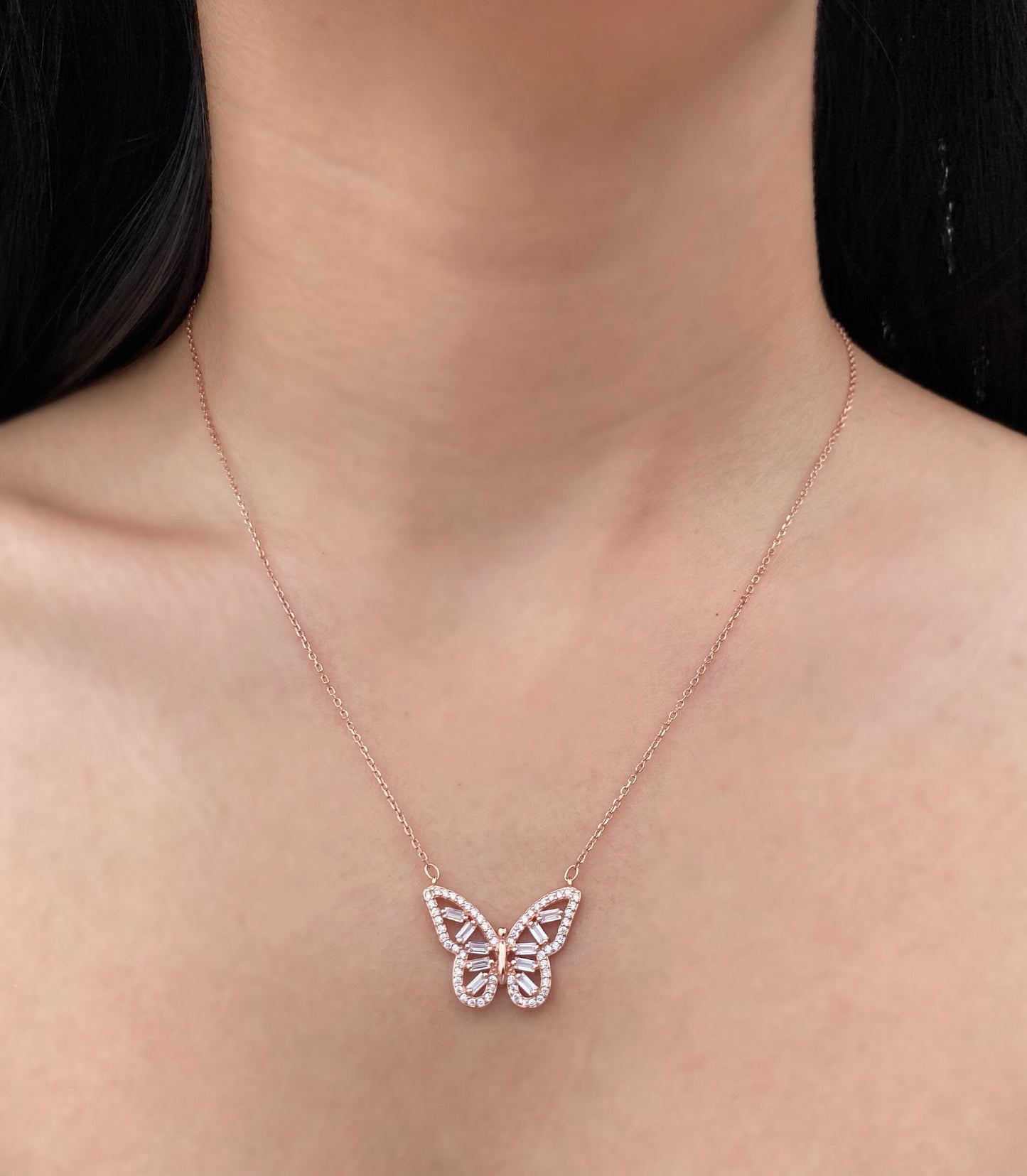 925 Sterling Silver Rose Gold Zircon Butterfly Necklace, Dainty Baguette Butterfly Necklace, Butterfly Pendant, Butterfly Necklace Silver