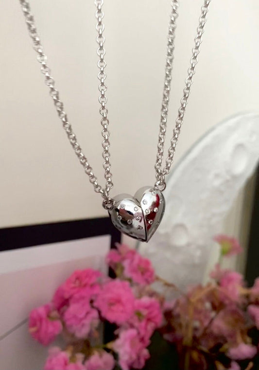 Silver Plated Magnetic Adjustable Half Heart Couple Matching Necklace, Lover Necklace, Magnetic Heart Necklace, Magnetic Jewelry, Gift Idea