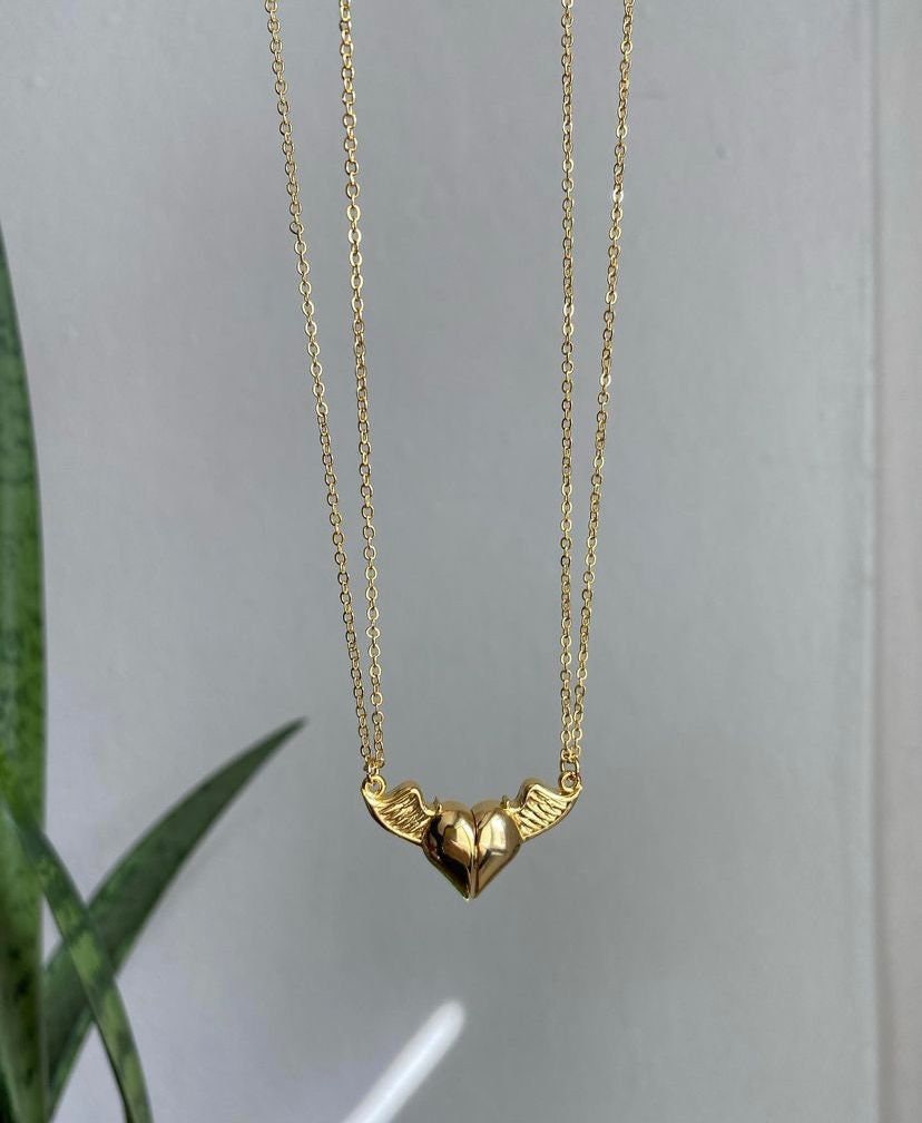 24k Gold Plated 2pcs Magnetic Wings Heart Love Necklace, BFF Heart Necklace, Love Necklace, Magnetic Initial Couple Necklace, Heart to Heart