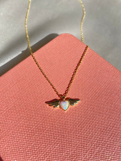 925 Sterling Silver Opal Stone Winged Heart Necklace, Opal Heart Charm, Rainbow Heart Necklace, Gold Silver Necklace, Dainty Heart Necklace