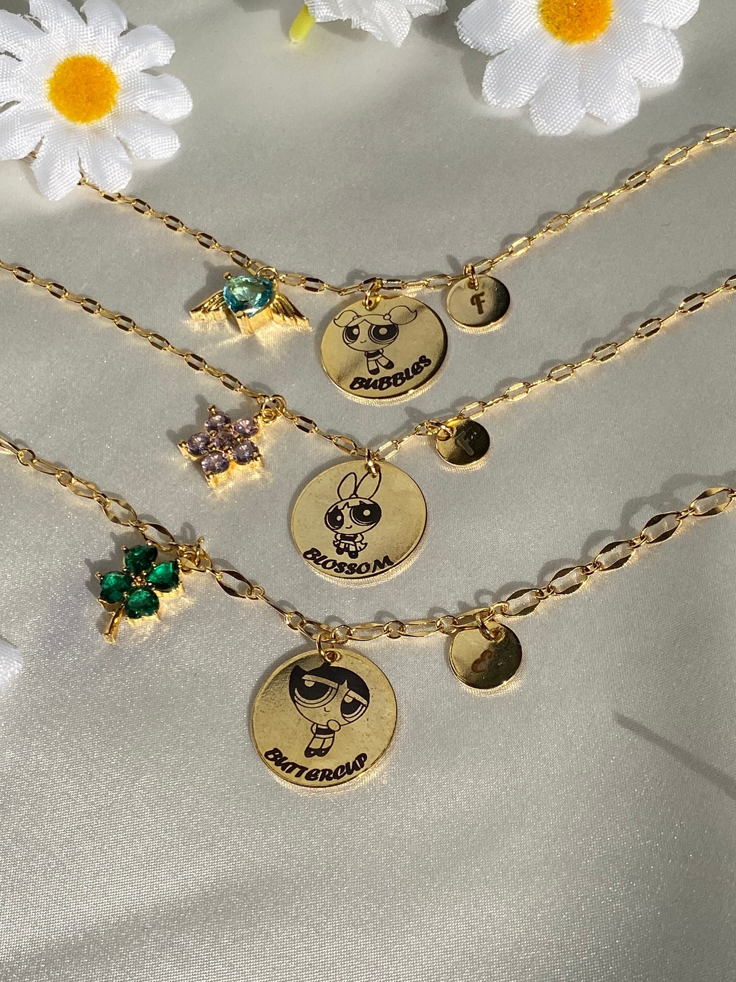 24k Gold Plated Powerpuff Girls BFF Necklace, Bubbles Buttercup Blossom Necklace, Customize Friendship , Personalized Friend Gift Jewelry