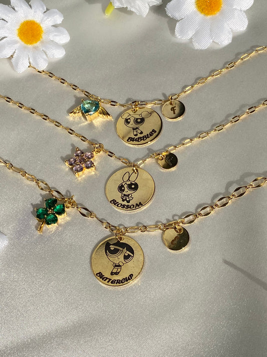 24k Gold Plated Powerpuff Girls BFF Necklace, Bubbles Buttercup Blossom Necklace, Customize Friendship , Personalized Friend Gift Jewelry