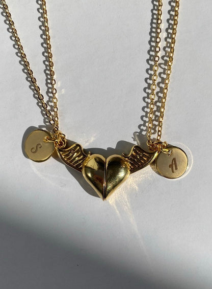 24k Gold Plated 2pcs Magnetic Wings Heart Love Necklace, BFF Heart Necklace, Love Necklace, Magnetic Initial Couple Necklace, Heart to Heart