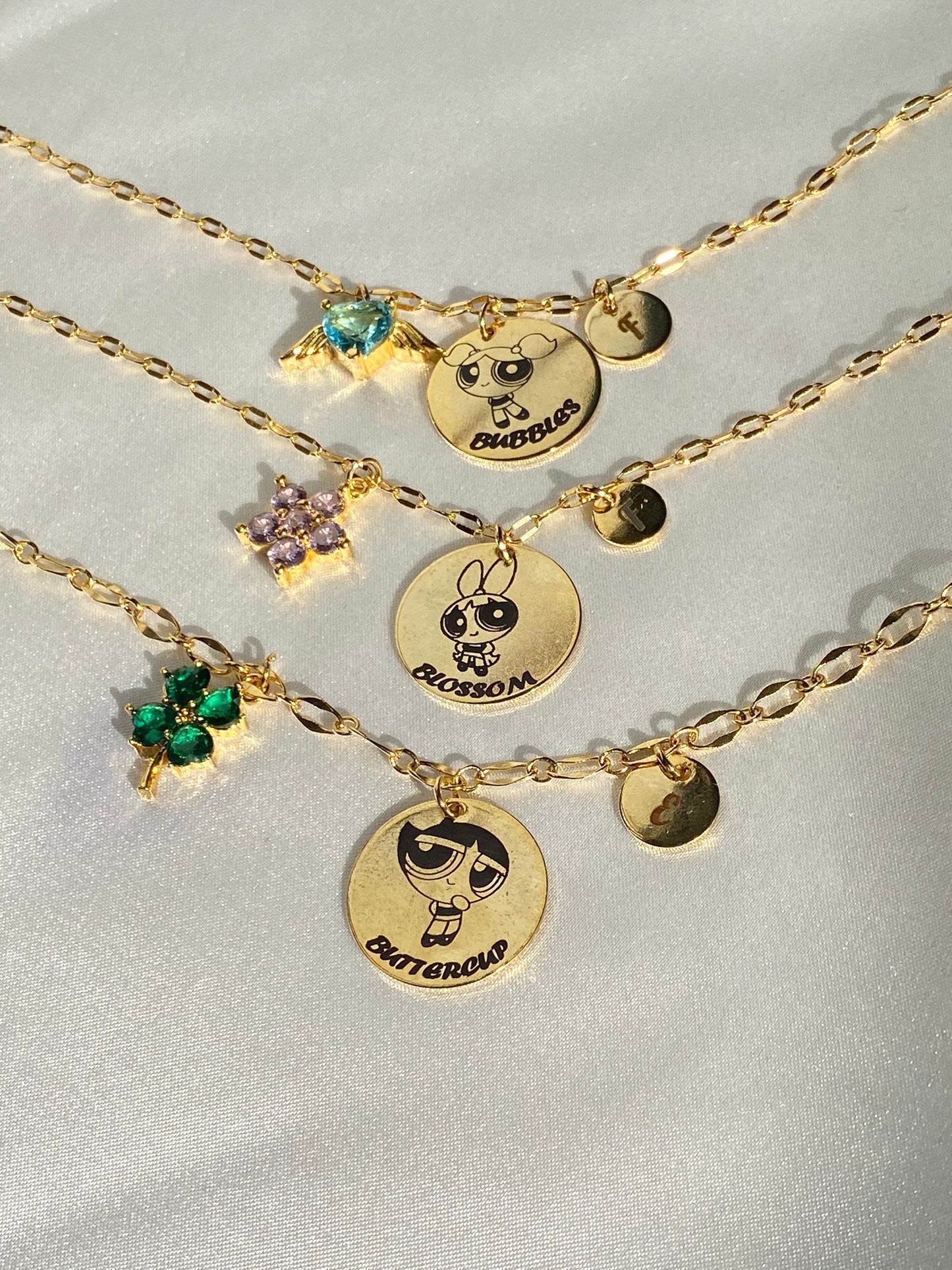 24k Gold Plated Powerpuff Girls BFF Necklace, Bubbles Buttercup Blossom Necklace, Customize Friendship , Personalized Friend Gift Jewelry