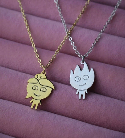 Gold Plated Fireboy and Watergirl Couple Necklace, 2pcs Love Necklace, Valentine Couple Necklace, 2pcs Best Friend & BFF Friendship