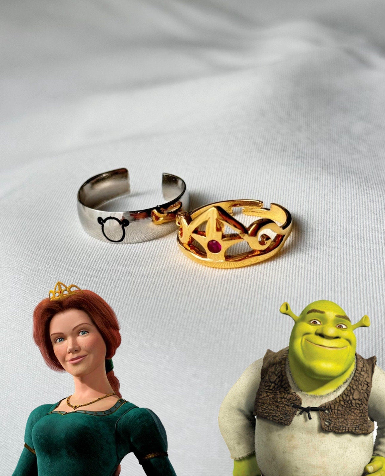 Shrek Inspired Princess Fiona Crown and Shrek Couple Rings by Harlofia, Shrek Fiona Couple Rings, Valentines Day Gift