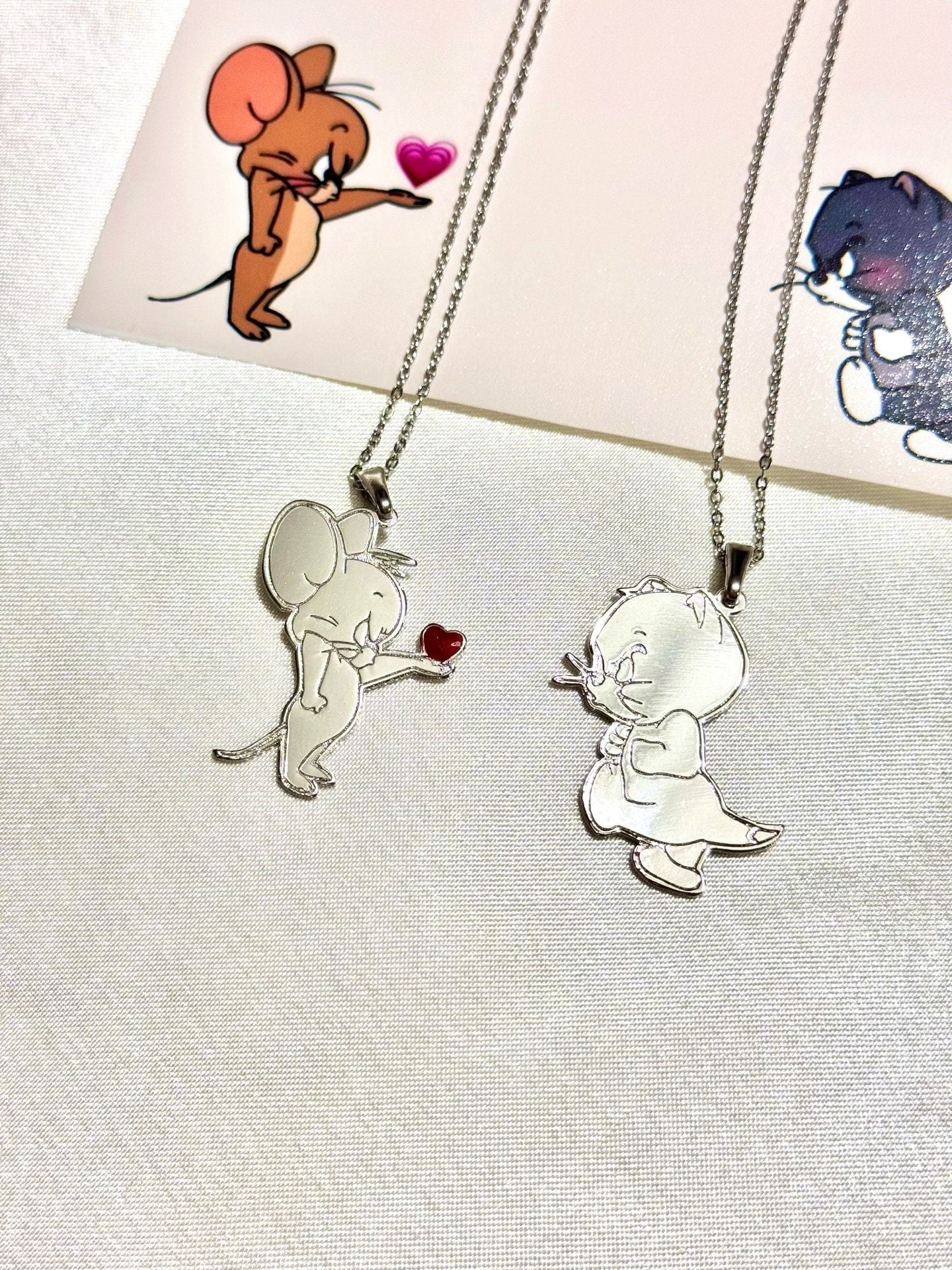 Stainless Steel Chain Tom & Jerry Heart Couple Necklaces