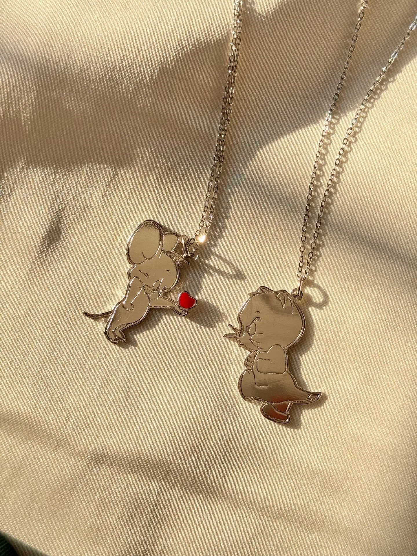 Stainless Steel Chain Tom & Jerry Heart Couple Necklaces